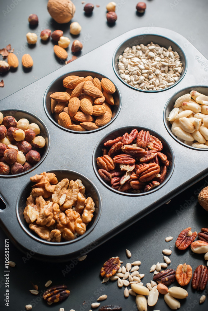 Assortment Nuts in Pastry Mold Healthy Concept Assortment Nuts in Pastry Mold Healthy Concept