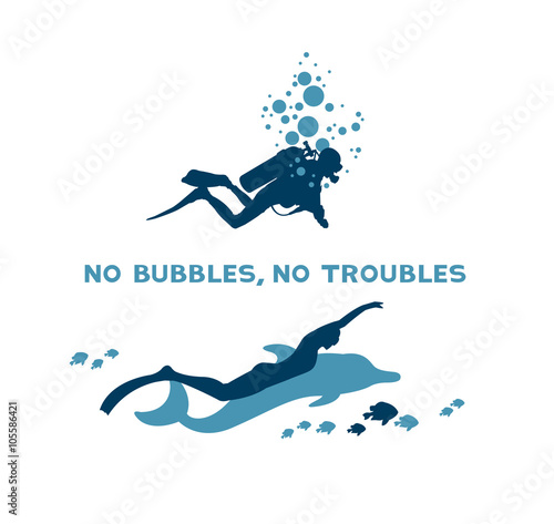 Scuba diver with bubbles and free diver with dolphin.