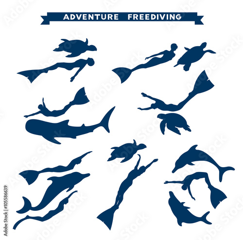 Adventure freediving. Collection of free divers and animal.