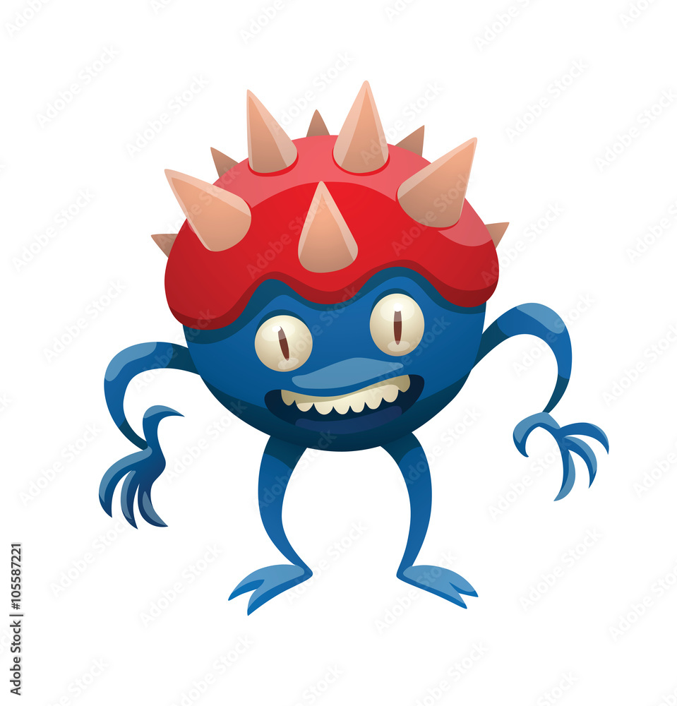 Vector cartoon image of funny round blue monster with two eyes, one mouth, two arms and two legs, with red head with pink thorns on a white background. Halloween. Vector illustration. Vector cartoon image of funny round blue monster with two eyes, one mouth, two arms and two legs, with red head with pink thorns on a white background. Halloween. Vector illustration.
