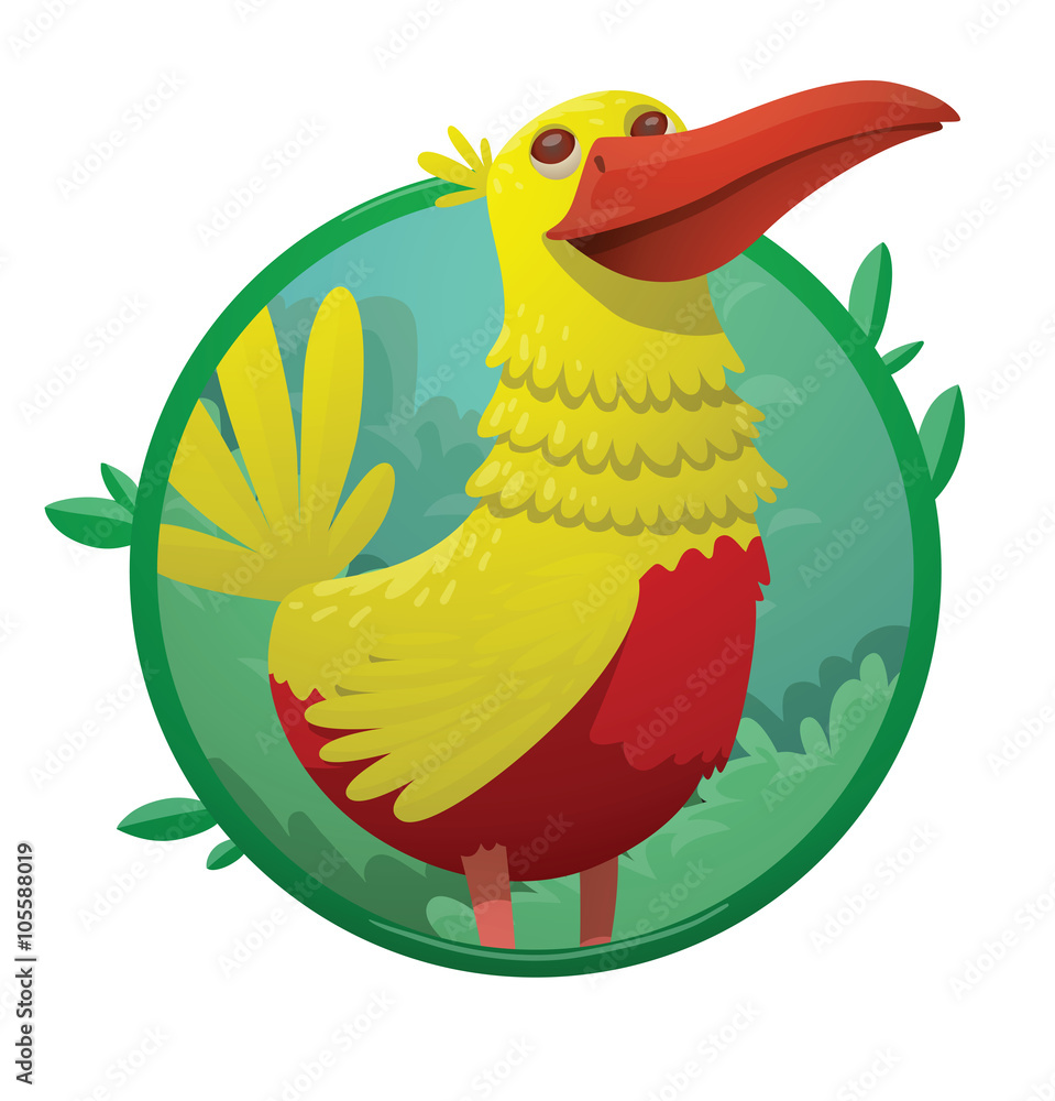 Vector image of a round green frame with leaves and with cartoon image of funny fantasy Vector image of a round green frame with leaves and with cartoon image of funny fantasy