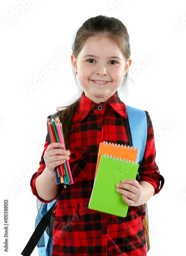 Little girl with blue back ...
