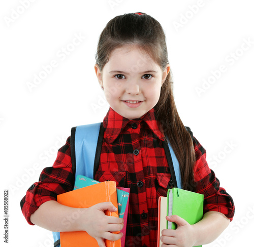 Little girl with blue back ...
