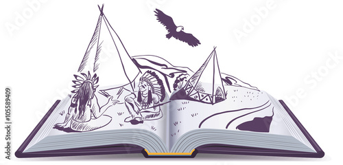 Open book. Indians sit at wigwam on pages of open book. Adventure story