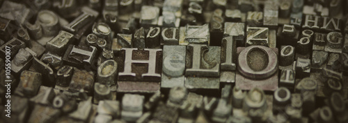 Close up of typeset letters with the word Hello