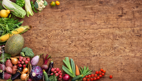 Healthy eating background. Studio photo of different fruits and vegetables on old wooden table. High resolution product.