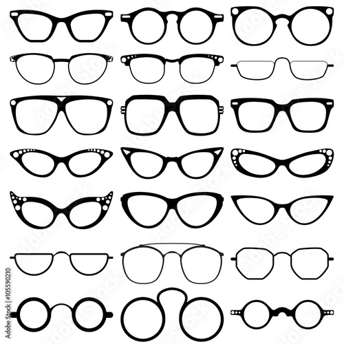  Glasses model icons, man, women frames. Sunglasses, eyeglasses isolated on white. silhouettes. Different shapes, frame, styles. Vector illustration on white background.