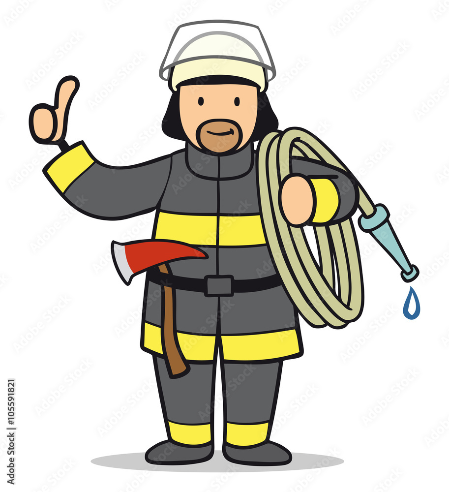 Fototapeta premium Cartoon Mann von Feuerwehr hält Daumen hoch