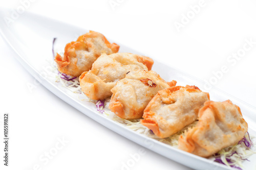 gyoza on a white dish.