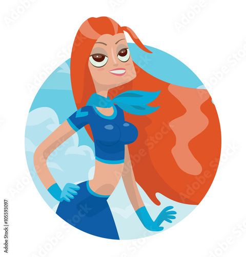 Vector image of a round frame with blue sky and clouds, with cartoon image of a beautiful stewardess with big eyes with long red hair in a blue uniform smiling at the center on a white background.