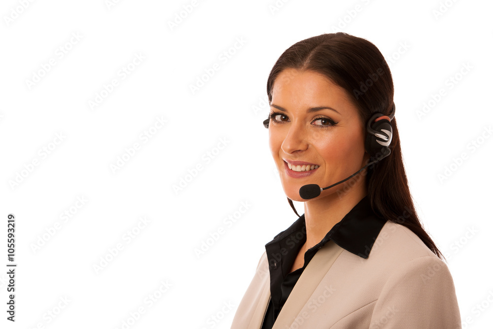 Woman with headset and microphone working in call center for hel Woman with headset and microphone working in call center for hel