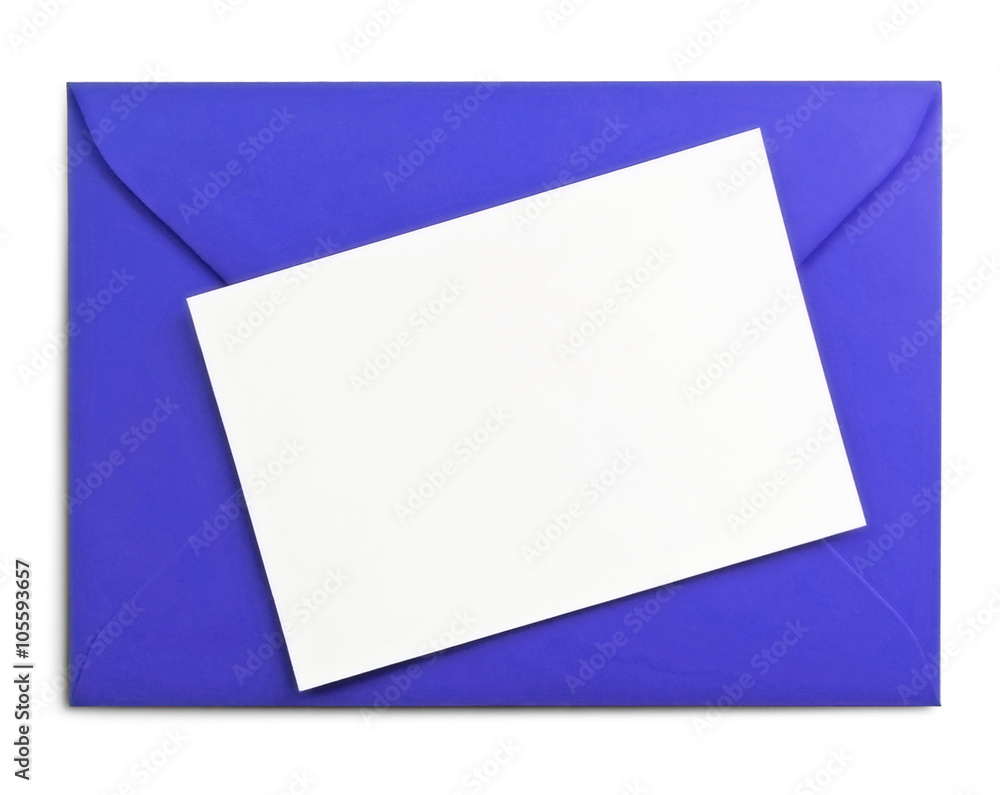 Blue envelope and white card with copy space, isolated on white Blue envelope and white card with copy space, isolated on white