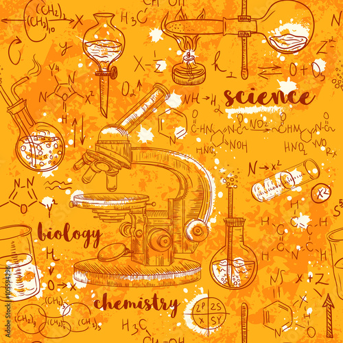 Vintage seamless pattern old chemistry laboratory with microscope, tubes and formulas on aged paper background. Vector retro hand drawn illustration in sketch style