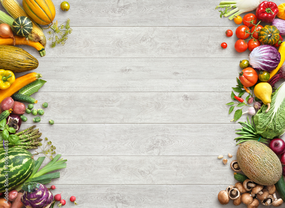 Healthy eating background. Studio photo of different fruits and vegetables  on white wooden table. High resolution product. Stock Photo | Adobe Stock