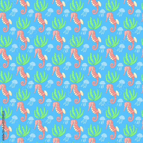 Seamless pattern with underwater animals. Sea life vector pattern. Sea life seamless background. Cartoon underwater pattern. Tropical underwater pattern with seahorse, jellyfish, seaweeds.