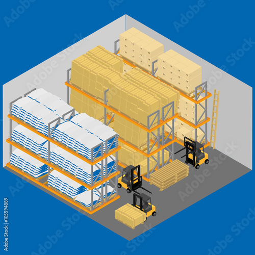 Vector illustration. The warehouse inside. Boxes, bags on the shelves for storage, a forklift carries boxes. Infographics, isometric.
