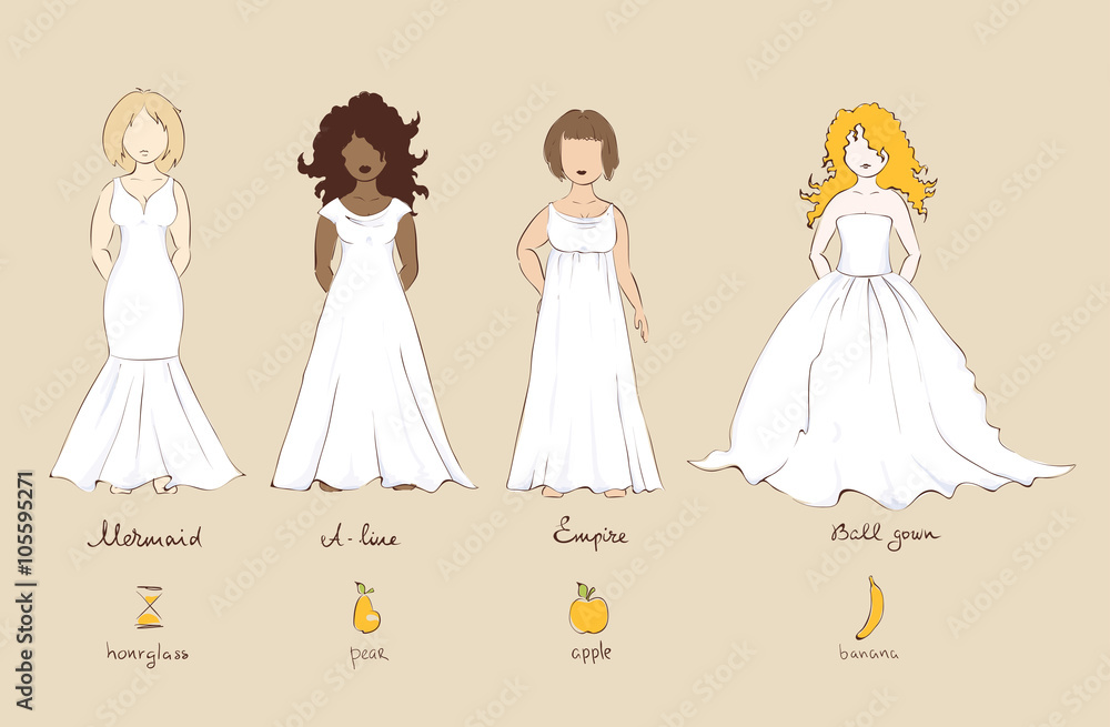 Wedding dress and female types of figures, vector illustration.