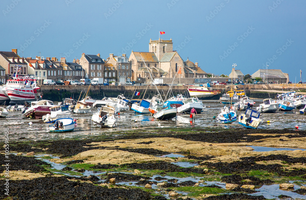 Barfleur,  France, Normandy, view of the harbor and boats at low tide, near the village.