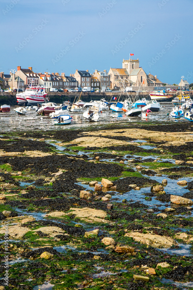 Barfleur,  France, Normandy, view of the harbor and boats at low tide, near the village.
