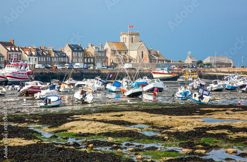 Barfleur,  France, Normandy, view of the harbor and boats at low tide, near t...