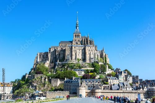 France, Normandy, Mont St Michel, view of the medieval village and abbey.