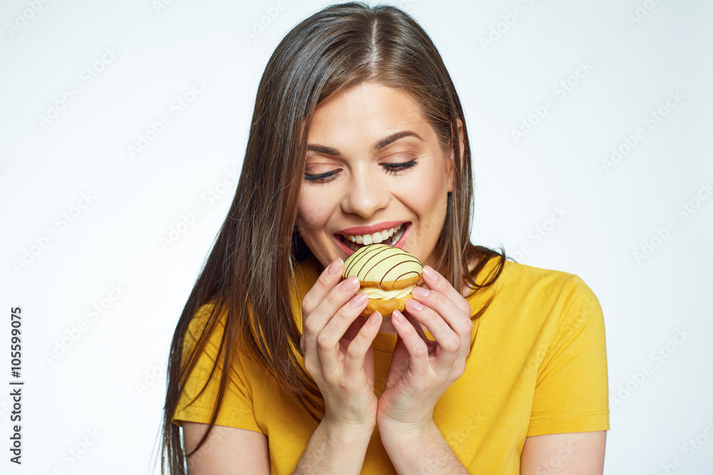 Close up face portrait of happy woman eatin macaron French cake Close up face portrait of happy woman eatin macaron French cake