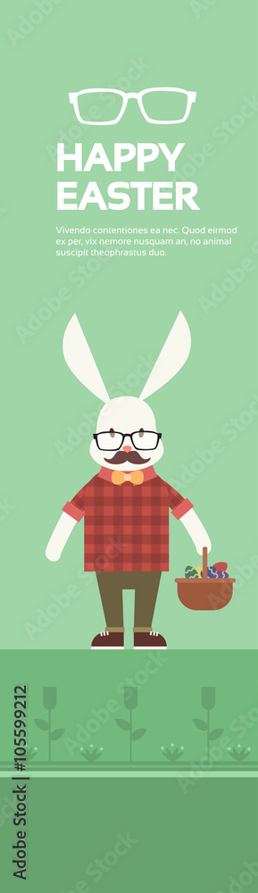 Easter Holiday Rabbit Bunny Hipster Hold Basket With Colorful Eggs Style Mustache Glasses Easter Holiday Rabbit Bunny Hipster Hold Basket With Colorful Eggs Style Mustache Glasses