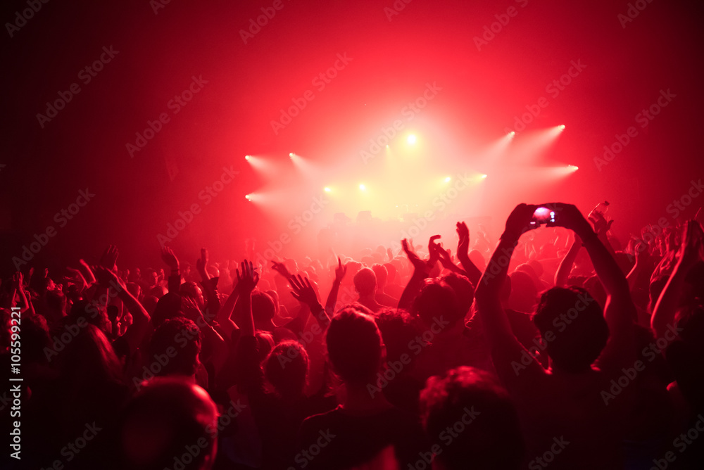 Applauding crowd at a live dj performance with red light