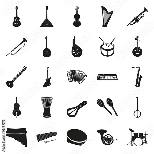 Collection of black silhouettes musical instruments
