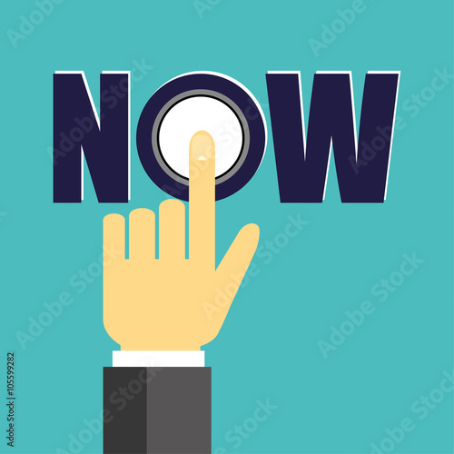 Businessman hand with the finger pressing a button in the letter O of the word NOW