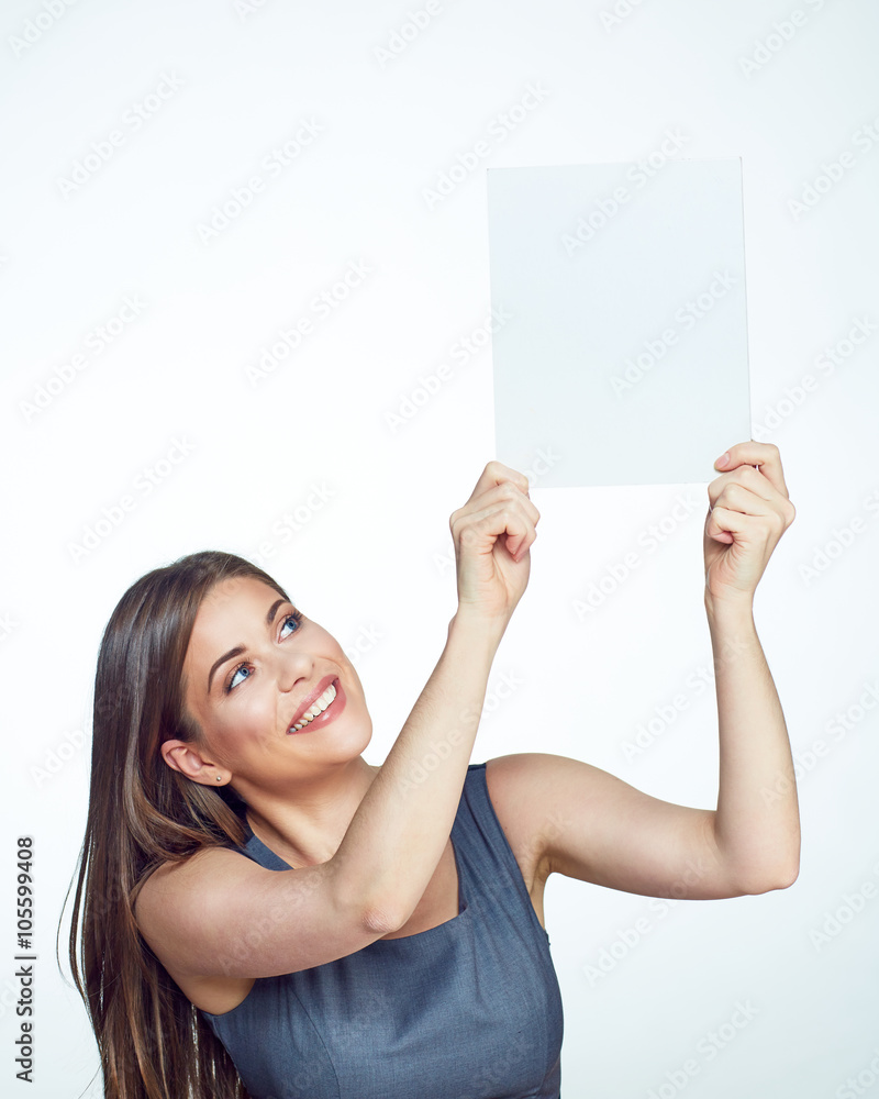 Smiling beautiful business woman hold up big sign board.