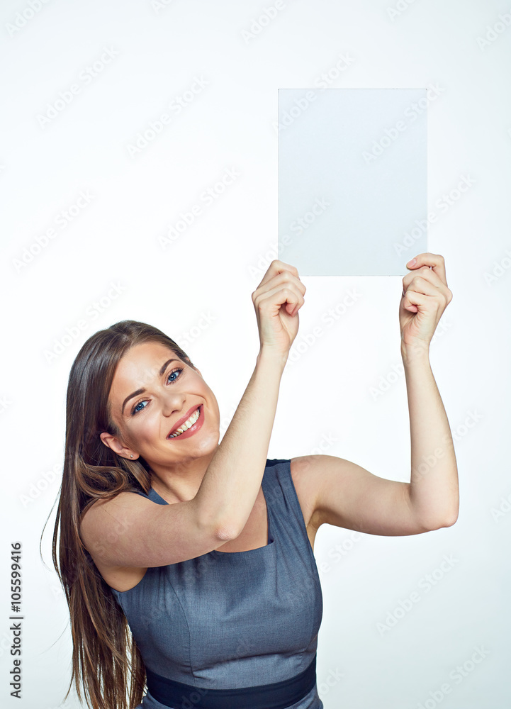 Smiling beautiful business woman hold up big sign board. Smiling beautiful business woman hold up big sign board.