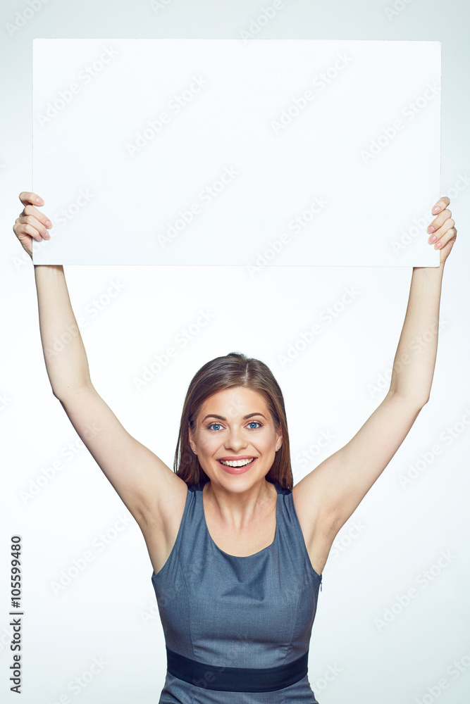 Smiling beautiful business woman hold up big sign board. Smiling beautiful business woman hold up big sign board.