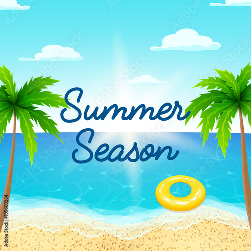 Summer holiday background. Beautiful background on the sea topic with sea shore, sea water and palm trees. Vector illustration.