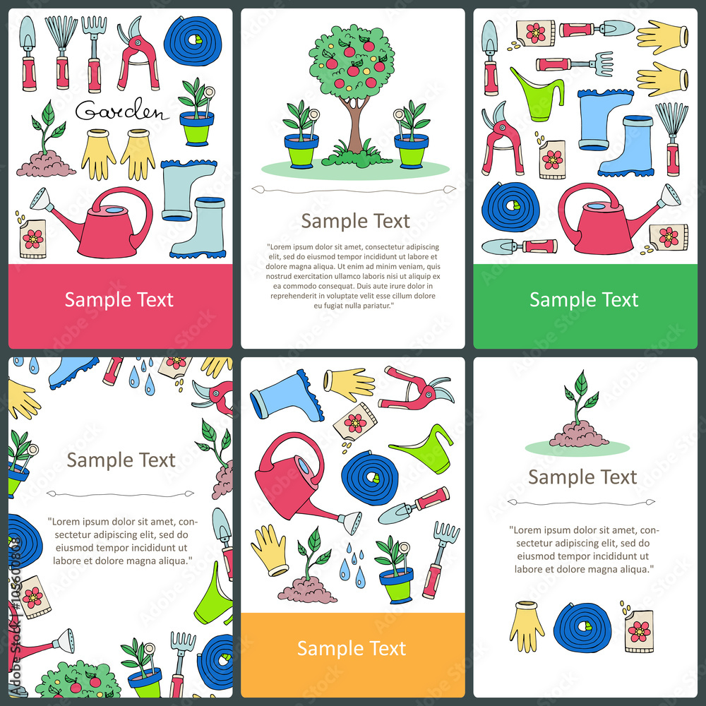 Vector set of prepared cards with hand drawn and colored symbols