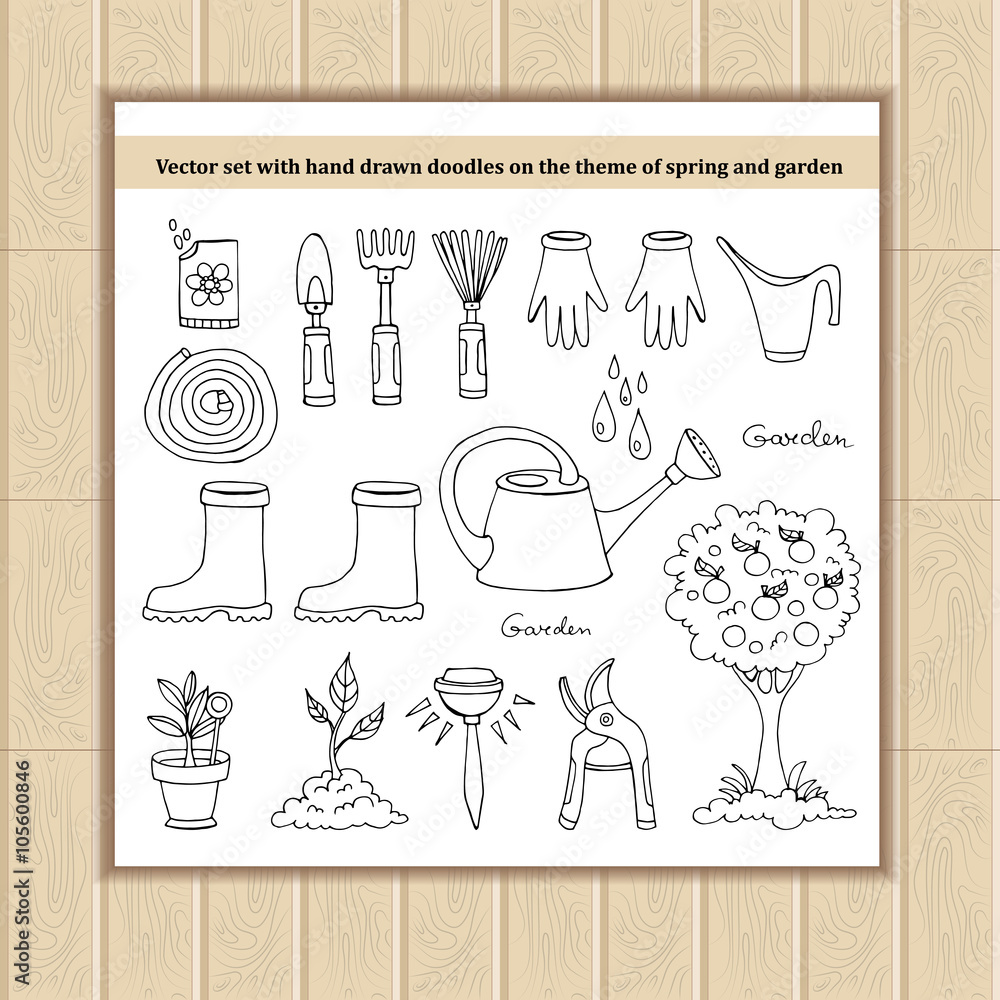 Vector set with hand drawn doodles on the theme of spring and ga - obrazy, fototapety, plakaty 