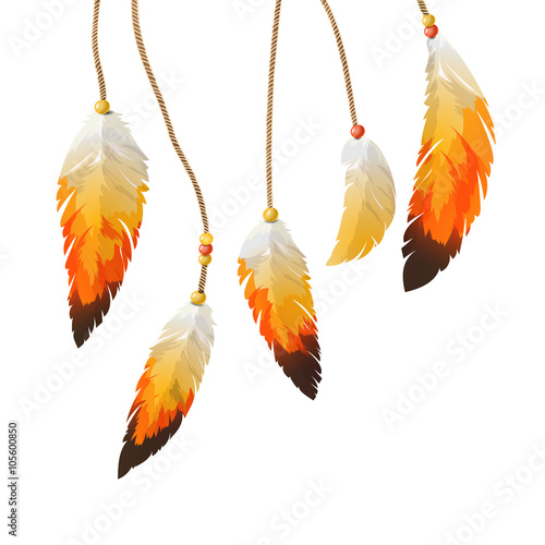 Set of feathers on the threads.  Ethnic style.  Vector illustration