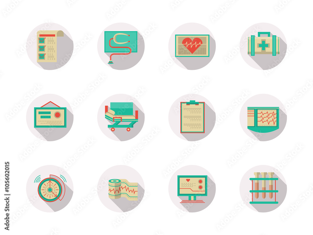 Cardiology equipment round flat color vector icons
