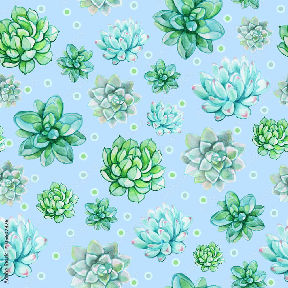 Seamless succulent pattern on a blue background