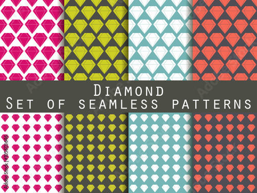 Jewelry. Set of seamless patterns with diamonds. The faceted diamond. The pattern for wallpaper, bed linen, tiles, fabrics, backgrounds. Vector illustration.