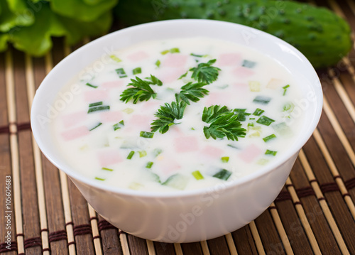 Traditional Russian dish "okroshka" - cold soup on yogurt