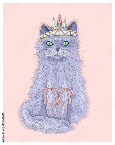 Cute purple cat princess with crown and ribbons. Fairytale vecto
