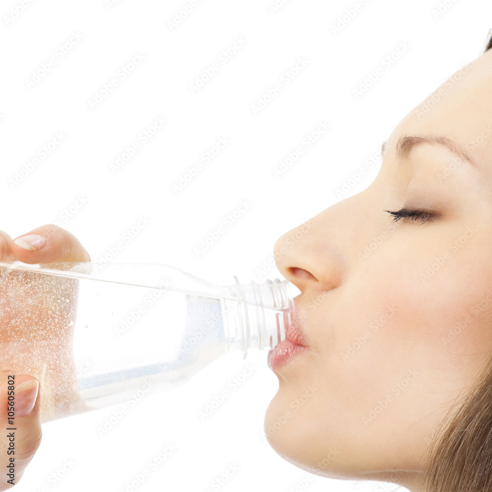 Woman in drinking water, isolated on white Woman in drinking water, isolated on white
