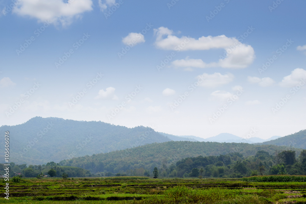 View of Fields, mountains and blue light sky