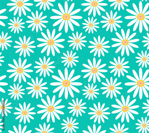 white daisies on turquoise background seamless vector pattern