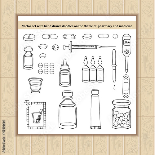 Vector set with hand drawn doodles on the theme of pharmacy and