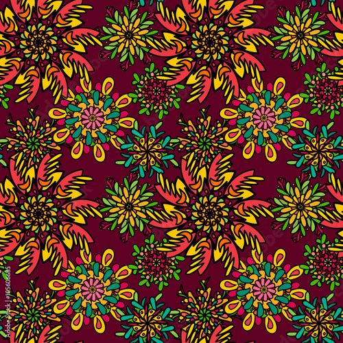 Seamless pattern with bright colorful drawn mandala flowers