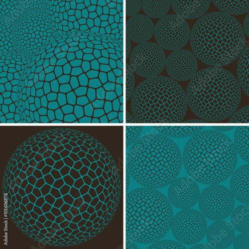 A set of 4 graphic compositions, based on a spherical shell with a polygons pattern on its surface.