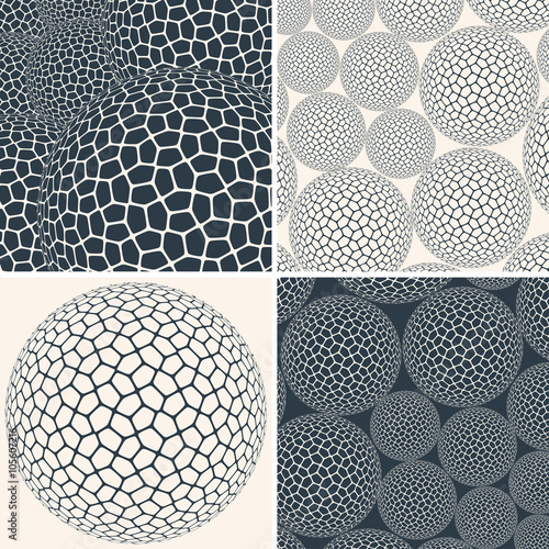 A set of 4 graphic compositions, based on a spherical shell with a polygons pattern on its surface.