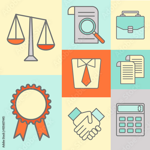 Vector set of color flat line icons for law firm
